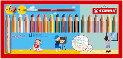 STABILO - woody 3-in-1 - Multi-Talented Pencil - Pack of 18 - style: Set + Sharpener + Brush