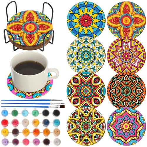 Reallnaive 8 Pcs Mandala Paint by Numbers Kit for Adults Wooden Coasters - style: Mandala