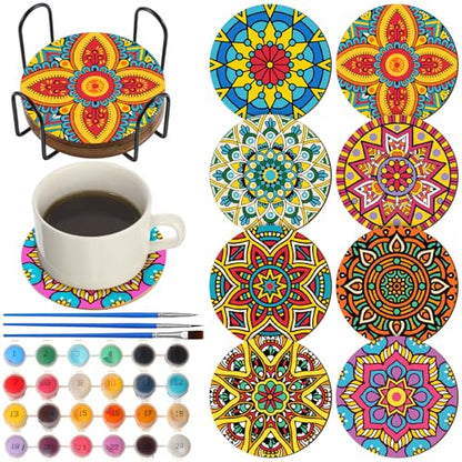 Reallnaive 8 Pcs Mandala Paint by Numbers Kit for Adults Wooden Coasters - style: Mandala