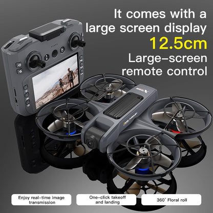 FPV drone equipped with remote controller to support first-person view flight. Built with full propeller protection guard and collision-resistant structure, easy-operation design fits beginners perfectly. Adopts optical flow positioning system and brushle