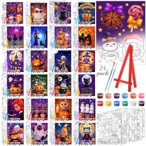 Blosssound 24 Set Halloween Pre Drawn Canvas 5x7'' with Easel - style: Cute Halloween