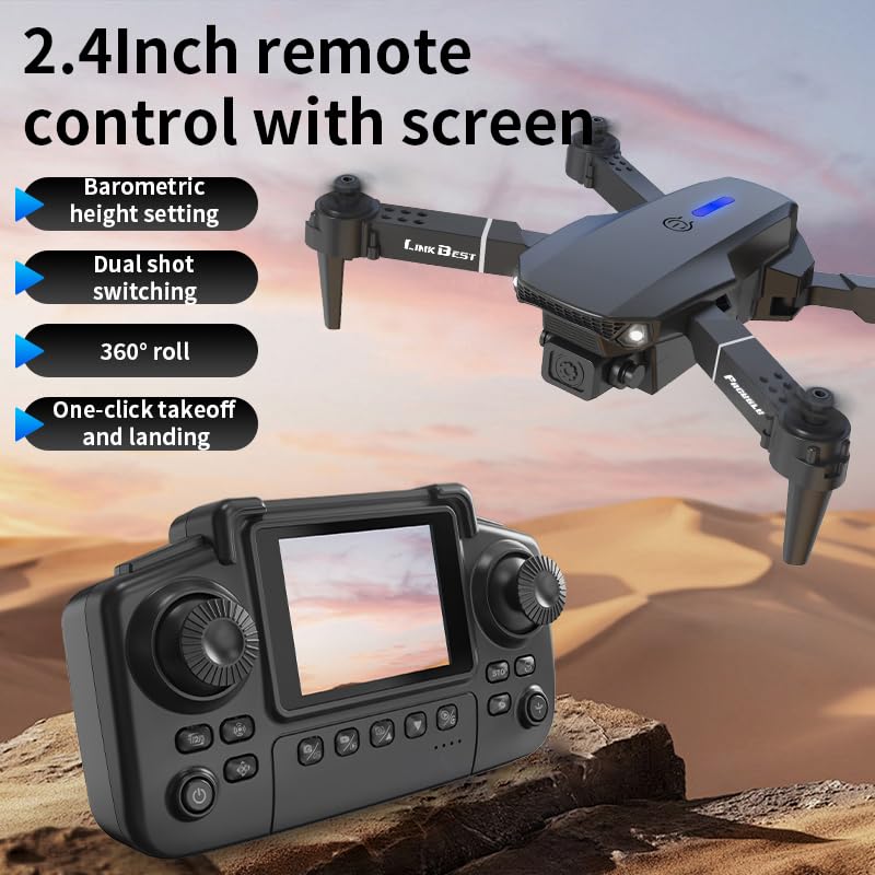E88 Nova 2.4Inch Screen Remote Control Drone with 5G HD Real-Time Transmission, Foldable Quadcopter with 360° Roll, Barometric Altitude Hold, Dual Camera Switching, Trajectory Flight, Long Battery Life, Ideal for Beginners and Adults