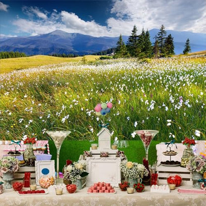 10x7ft Vinyl Summer Landscape Backdrops for Photography Background Blooming Flower Mountain Landscape Grass Field Vacation Holiday Party Backdrop Children Adults Portraits Photo Studio - size: 10x7ft