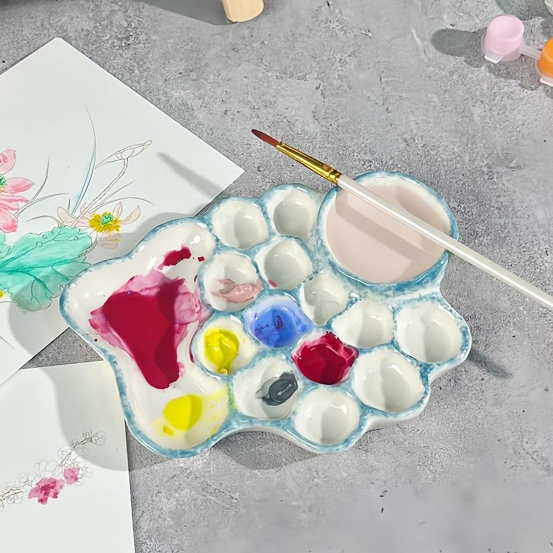 Blue Ceramic Paint Palette with Built-in Washing Area and Large Mixing Area