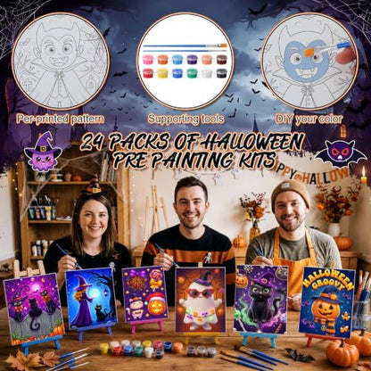 Blosssound 24 Set Halloween Pre Drawn Canvas 5x7'' with Easel - style: Cute Halloween