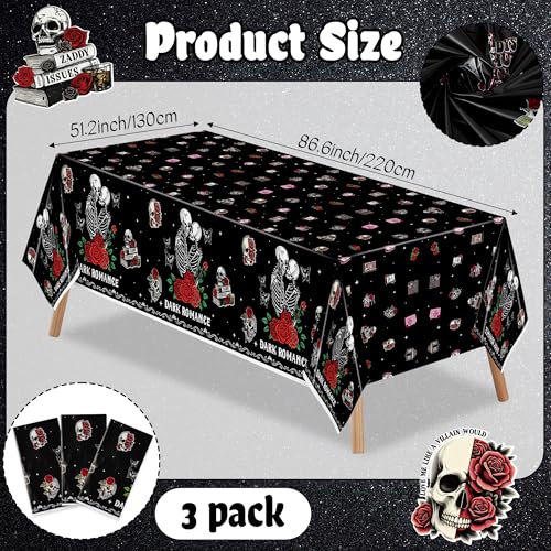 3Pcs Dark Romance Party Tablecloths Skull Rose Table Decoration - color: Dark Romance