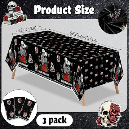 3Pcs Dark Romance Party Tablecloths Skull Rose Table Decoration - color: Dark Romance