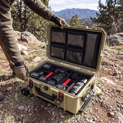 Weatherproof Hard Case, Stackable Trolley Case with Wheels, Hook and Loop Divider & Strap, IP67 Waterproof Box for Camera, Drones and Gear, 21.7" x 13.8" x 8.7", Lignt Coffee - color: Lignt Coffee