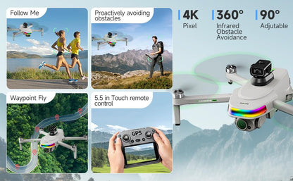 4K Drone with Camera for Adults & Beginners, 5.5" HD Touchscreen Remote, 30-Min Flight, Brushless Motor, Smart Obstacle Avoidance, One-Key Return, Foldable RC Drone Under 260g
