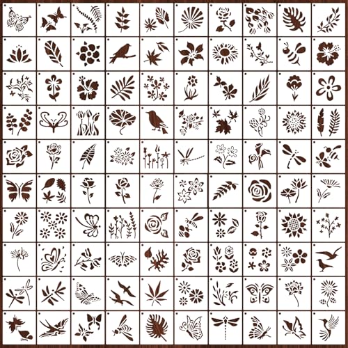 100 Pcs Small Stencils for Painting on Wood 2" x 2" (Flower Plants Insect) - color: Plants