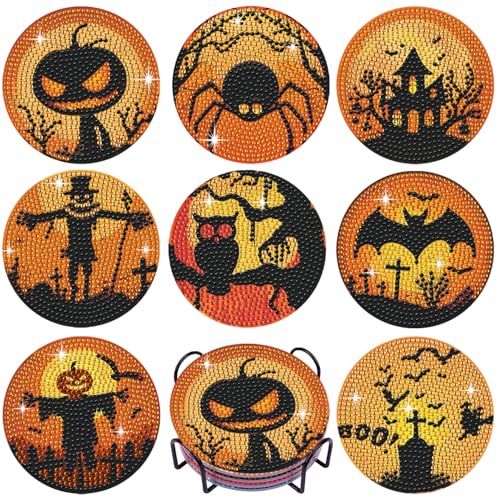 Leatrice 8 PCS Halloween Diamond Art Coasters Set with Holder 4 in - color: AA halloween