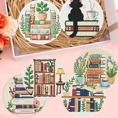 8 Pack Bookshelf Diamond Art Coasters,Diamond Painting Coasters Kits - color: Books Coasters