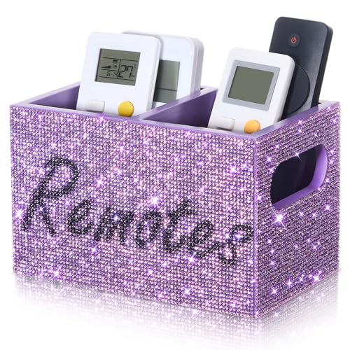 MotiMind Bling Rhinestone Remote Control Holder Crushed Diamond 2 Compartment Decorative TV Remote Caddy Organizer Storage Box Table Nightstand with and Label, Sparkly Gifts for Christmas (Purple) - color: Purple