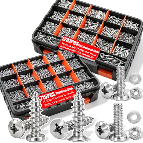 Twidec/2002PCS 304 Stainless Steel Hardware Assortment Kit,Metric & SAE Machine Screw Kit,Nuts And Bolts Assortment,Phillips Pan Head & Flat Head Screws And Washers with Double Sided Organizer Box - color: Silver SS 2002PCS#4#6#8#10#1/4#3/8#5/16M3M4M5M6M8