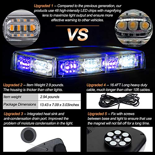 ASPL 48LED Roof Top Strobe Lights, High Visibility Emergency Safety Warning LED Mini Strobe Light bar with Magnetic Base for 12-24V Snow Plow, Trucks, Construction Vehicles (Blue/White) - color: Blue/White