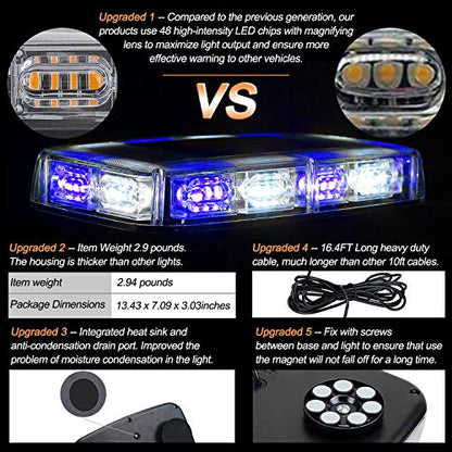 ASPL 48LED Roof Top Strobe Lights, High Visibility Emergency Safety Warning LED Mini Strobe Light bar with Magnetic Base for 12-24V Snow Plow, Trucks, Construction Vehicles (Blue/White) - color: Blue/White