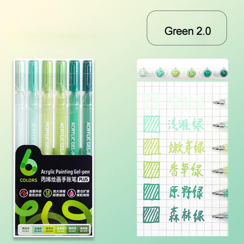 Acrylic Gel Pens for Coloring, 6 Pack 1.0mm Fine Point Gel Pen Set - color: Green-2