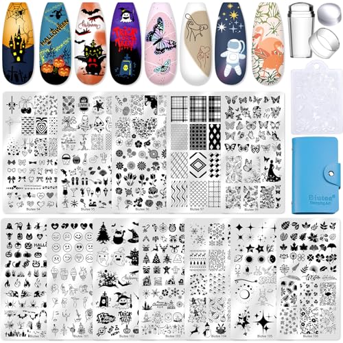 Biutee Nail Stamping Plate 12Pcs with Silicone Stamper Scraper Storage Bag - color: 16PCS