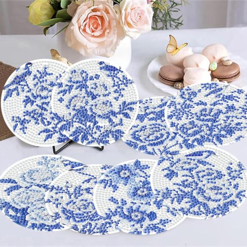 8 Pack Diamond Art Coasters, Blue Flowers Diamond Painting Coasters - color: Blue Flowers Coasters