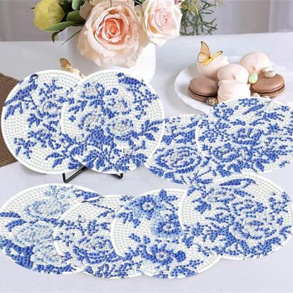 8 Pack Diamond Art Coasters, Blue Flowers Diamond Painting Coasters - color: Blue Flowers Coasters