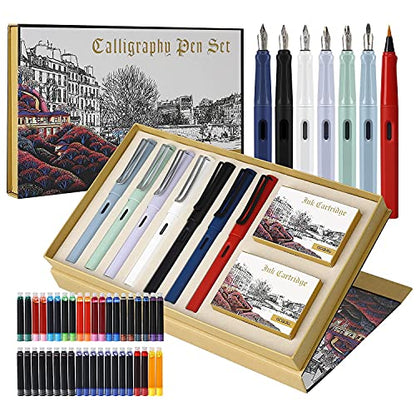 Calligraphy Fountain Pen Set- 7 with Different Nibs and 40 Ink Cartridges for Beginners- MU-09