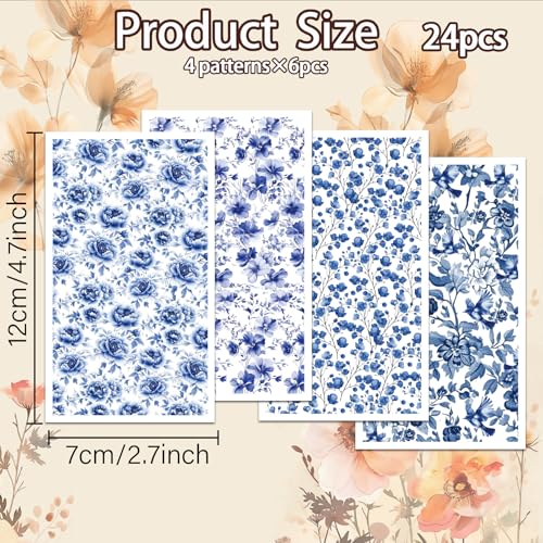 OLYCRAFT 24Pcs 4 Styles Blue Flower Clay Transfer Paper for Polymer - style: Porcelain Flower