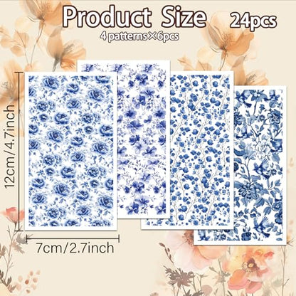 OLYCRAFT 24Pcs 4 Styles Blue Flower Clay Transfer Paper for Polymer - style: Porcelain Flower
