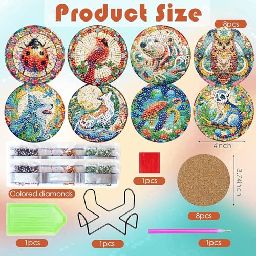 ijbnhd 8 PCS Animals Diamond Art Coasters Kit - color: Animals-3