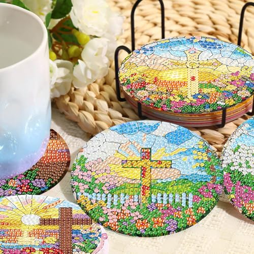 HHMATITS 8 Pcs Christ Cross Diamond Art Coasters 4X4 Inch - color: Cross