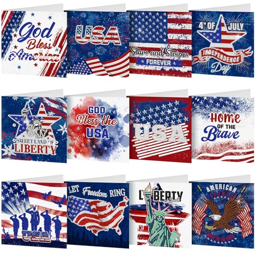 Saillong 12 Pack 4th of July Diamond Painting Greeting Card Kits Patriotic Diamond Art Cards with Envelopes Independence Day Red White Blue 5D Rhinestones Painting Making Kits for Adult DIY Craft Gift - color: Patriotic