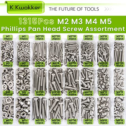 1315Pcs M2 M3 M4 M5 Phillips Pan Head Bolts and Nuts Kit, 24 Size - size: B. M2 M3 M4 M5