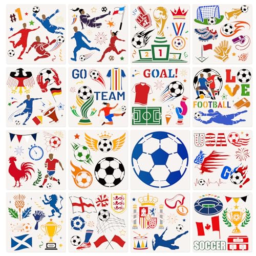 DPKOW 16Pcs Soccer Stencils for Painting Crafts, Reusable Sports Stencils Templates World Soccer Crafts Supplies Football Action Trophy Templates, DIY Scrapbooking on Wood/Floor/Canvas/Wall/Face/Paper