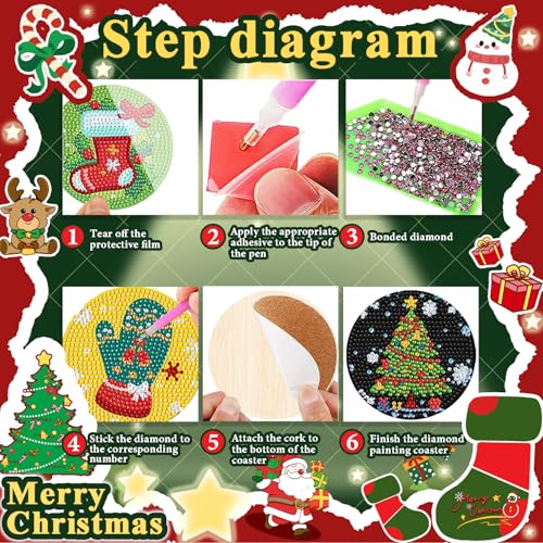 Leatrice 8 PCS Christmas Diamond Art Coasters Kits with Holder 4 in - color: AA Chrismaths b