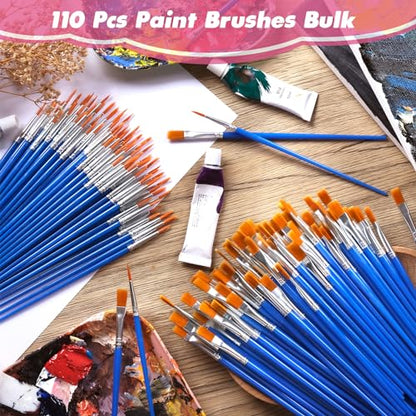Small Paint Brushes Bulk, 110 Pcs Flat Tip Round Acrylic Paint Brushes for Kids Classroom Acrylic Watercolor Canvas Face Painting Touch Up - style: Mixed(55Flat+55Fine)