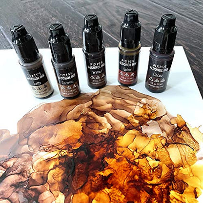 Pixiss Brown Alcohol Ink Set and Alcohol Blending Solution for Ink (4oz) - Highly Saturated Alcohol Ink for Resin and Ink Blending Solution with Applicator Tip, Applicator Bottle, and Funnel