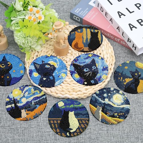 Ekuxom 8 Pcs Cat Diamond Art Coasters Kits with Holder - color: Cat