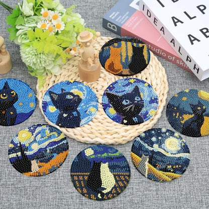 Ekuxom 8 Pcs Cat Diamond Art Coasters Kits with Holder - color: Cat