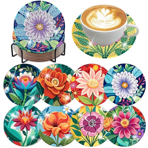 8 Pcs Flower Diamond Art Coasters, Diamond Painting Coasters - color: Flower-4
