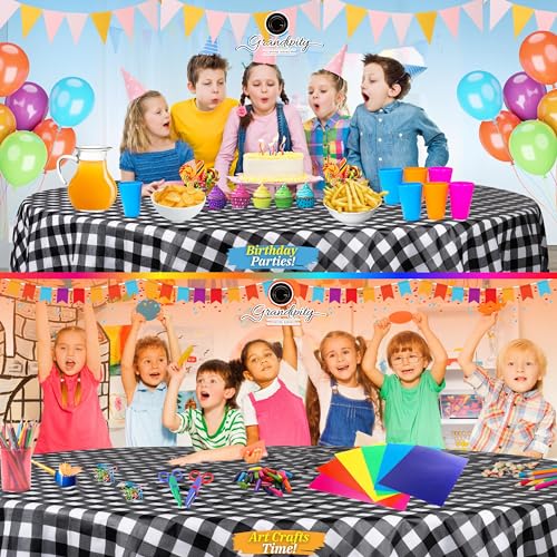 Grandipity Plastic Table Cloth Disposable 12 Pack 84" Round Gingham - color: Black Gingham, size: 84in. Round