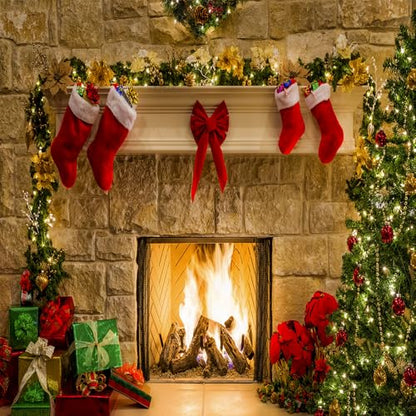 8x8Ft Christmas Themed Fireplace Vinyl Photography Backdrop Photo Background Studio Prop - size: 8X8Ft