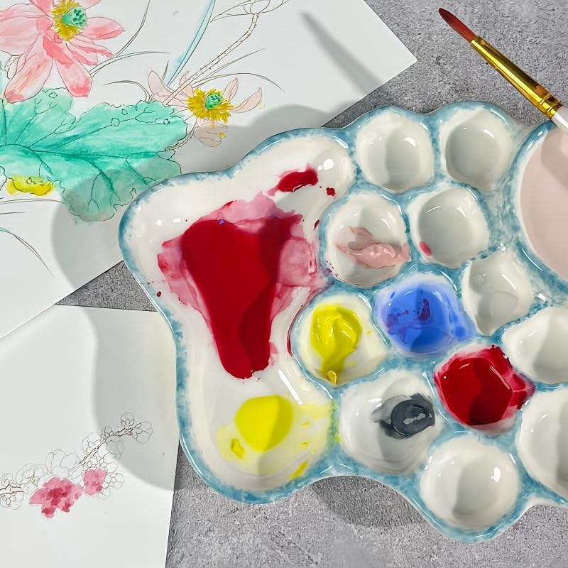 Blue Ceramic Paint Palette with Built-in Washing Area and Large Mixing Area