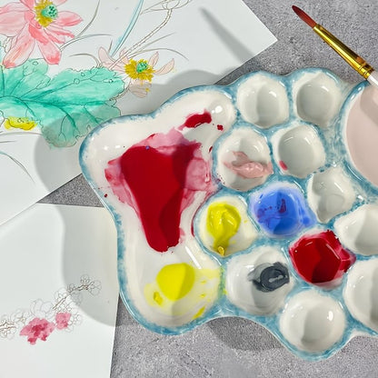 Blue Ceramic Paint Palette with Built-in Washing Area and Large Mixing Area