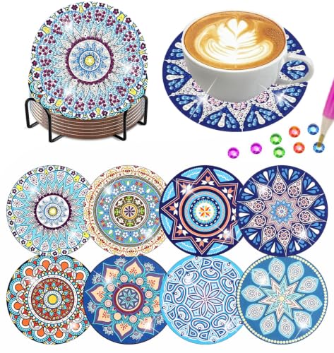 8Pc Diamond Art Coasters Holder Cork Pads, Diamond Painting Coasters 4x4 In - color: Boho Mandala Diamond Art Coasters
