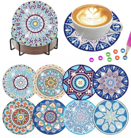8Pc Diamond Art Coasters Holder Cork Pads, Diamond Painting Coasters 4x4 In - color: Boho Mandala Diamond Art Coasters