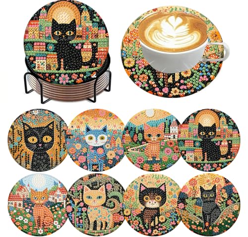 ijbnhd 8 PCS Diamond Art Coasters Kit Cat Diamond Painting Coasters - color: Cat-1