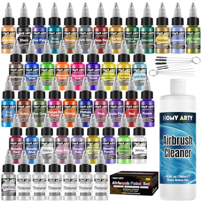 HOMY ARTY Airbrush Paint - 42 Colors with 6 Thinner & 16.9 fl oz Cleaner