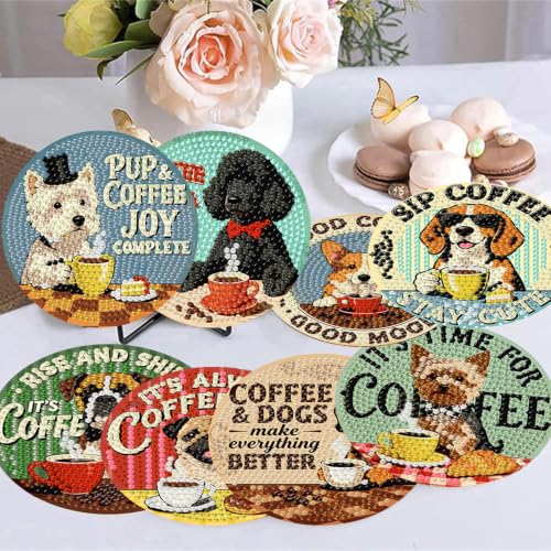 8 Pack Diamond Art Coasters, Coffee Dog Diamond Painting Coasters - color: Coffee Dog Coasters-a