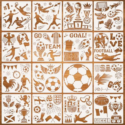 DPKOW 16Pcs Soccer Stencils for Painting Crafts, Reusable Sports Stencils Templates World Soccer Crafts Supplies Football Action Trophy Templates, DIY Scrapbooking on Wood/Floor/Canvas/Wall/Face/Paper