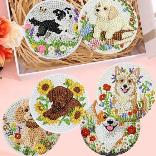 Zythron 8 Pack Diamond Art Coasters,Dog Flowers Diamond Painting Coasters - color: Dog Coasters-1