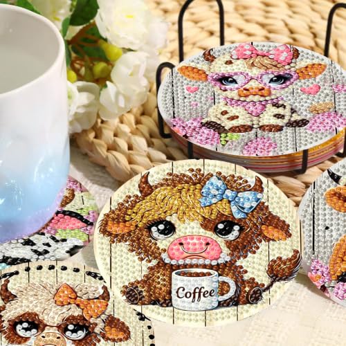 Diamond Art Coasters Kit for Adults, Diamond Painting Coasters - color: Cow-1